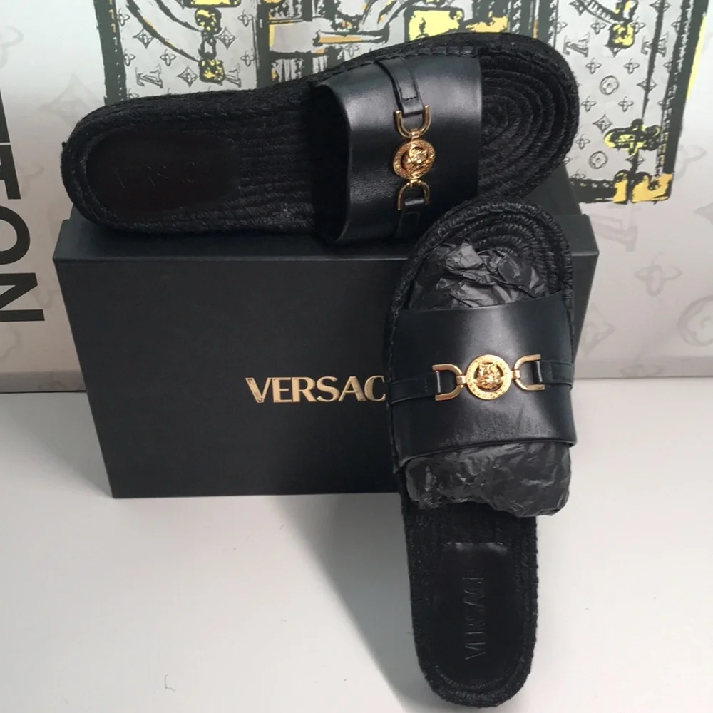 New Authentic Versace Summer Slides – Premium Leather, Gold-Tone Logo